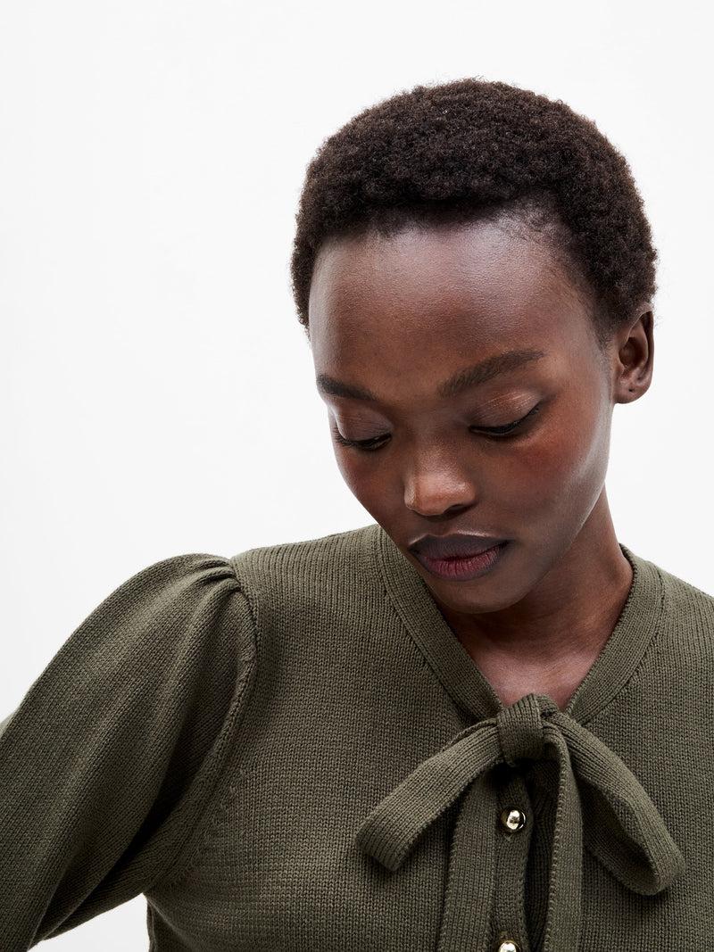 French Connection Varli Long Sleeve Tie Neck Cardigan Khaki Green