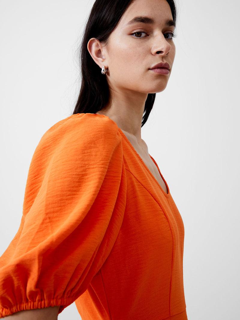 French Connection Vee Tiered Crinkle Mini Dress Mandarin