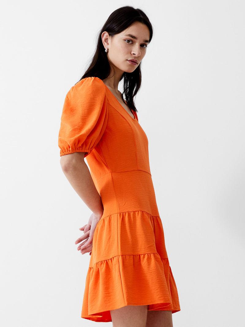 French Connection Vee Tiered Crinkle Mini Dress Mandarin