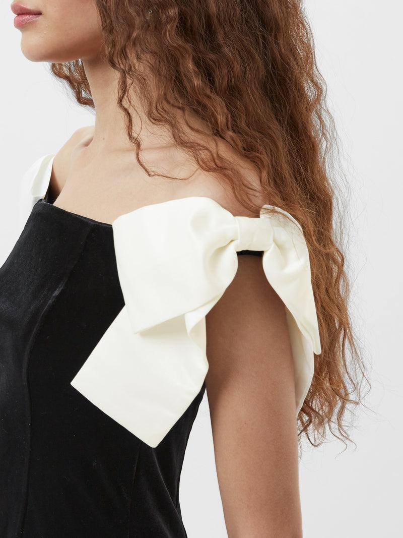 French Connection Velvet Carey Satin Bow Mini Dress Black/Porcelain Crea