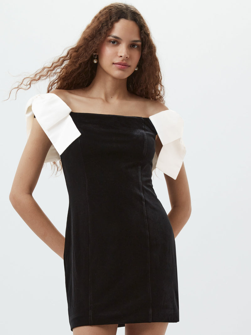 french connection Velvet Carey Satin Bow Mini Dress Black/Porcelain Crea