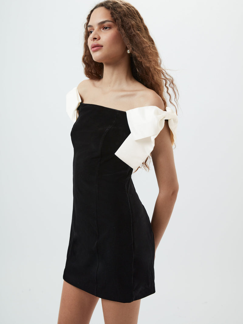 French Connection Velvet Carey Satin Bow Mini Dress Black/Porcelain Crea