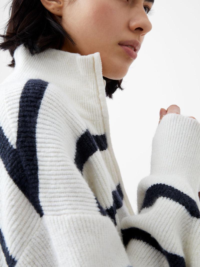 French Connection Vhari Recycled Stripe Half Zip Jumper Winter White/Marine