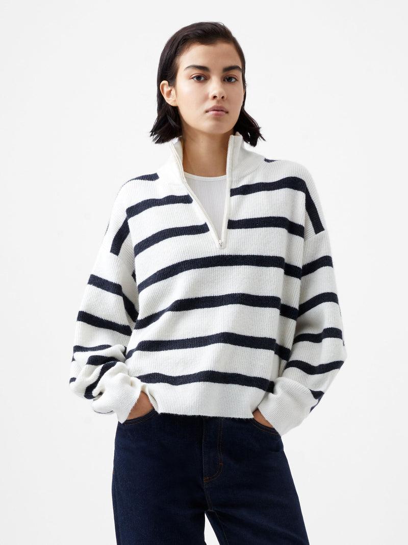 french connection Vhari Recycled Stripe Half Zip Jumper Winter White/Marine