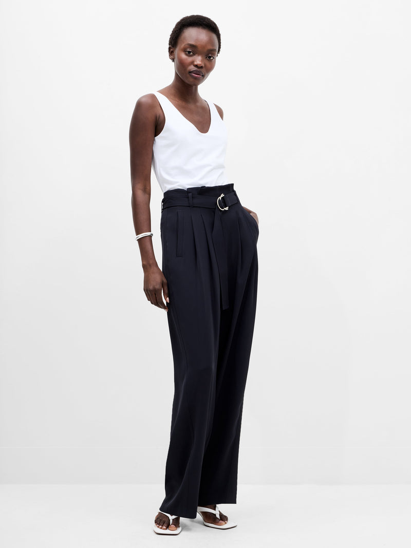French Connection Vinnie Tailored D-Ring Belted Wide Leg Trousers Navy