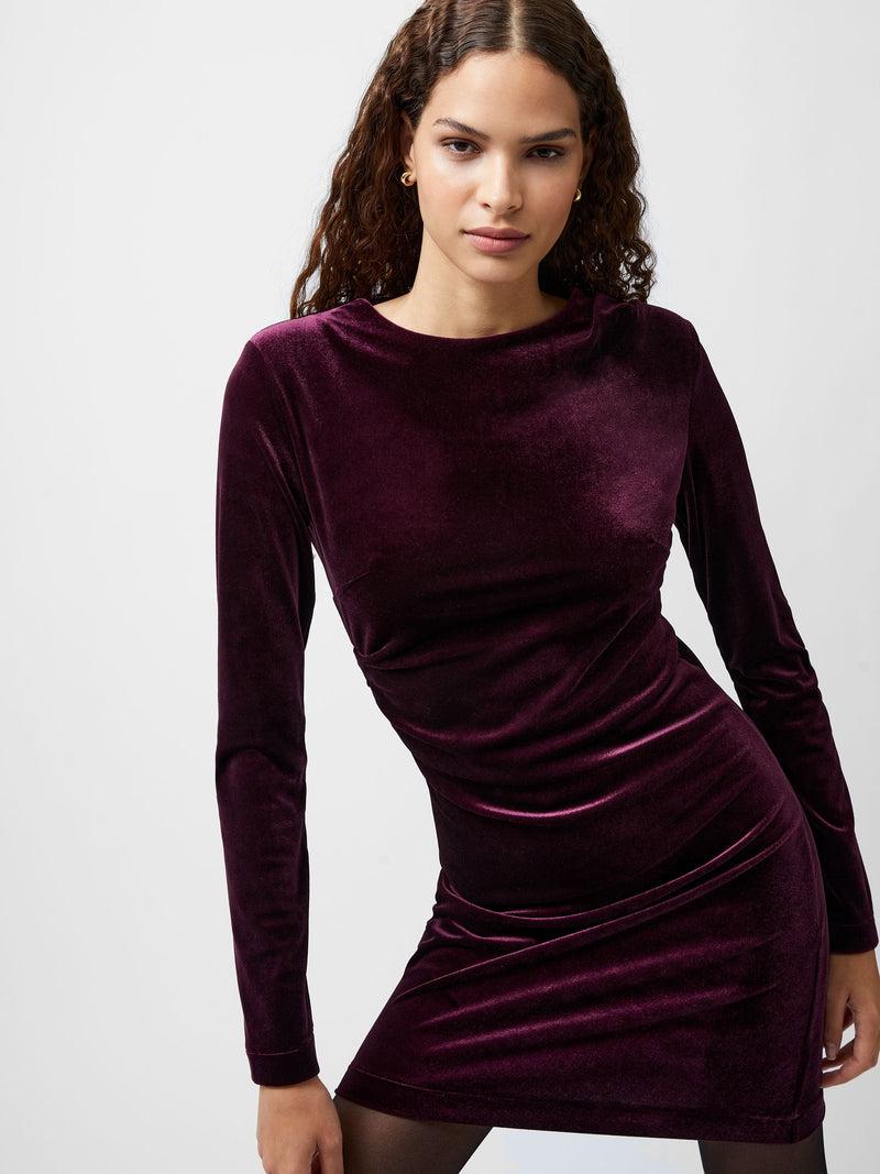 french connection Viola Velvet Long Sleeve Bodycon Mini Dress Burgundy Red
