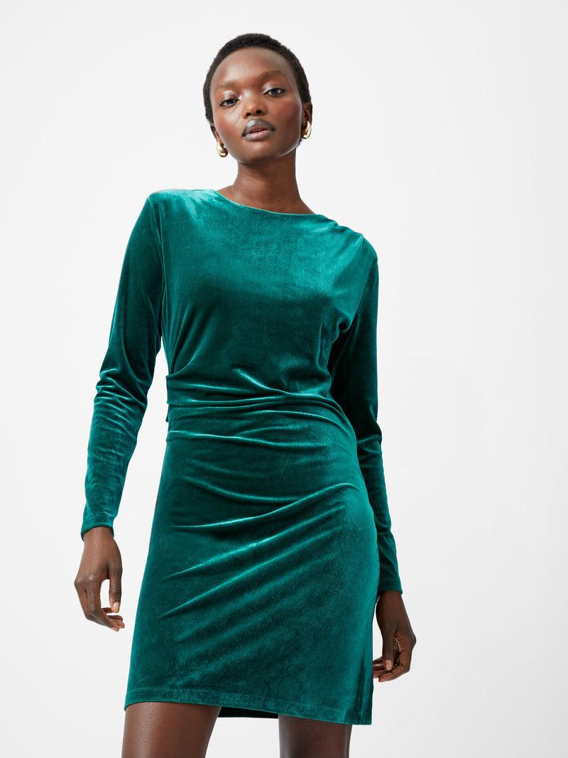 french connection Viola Velvet Long Sleeve Bodycon Mini Dress Forest