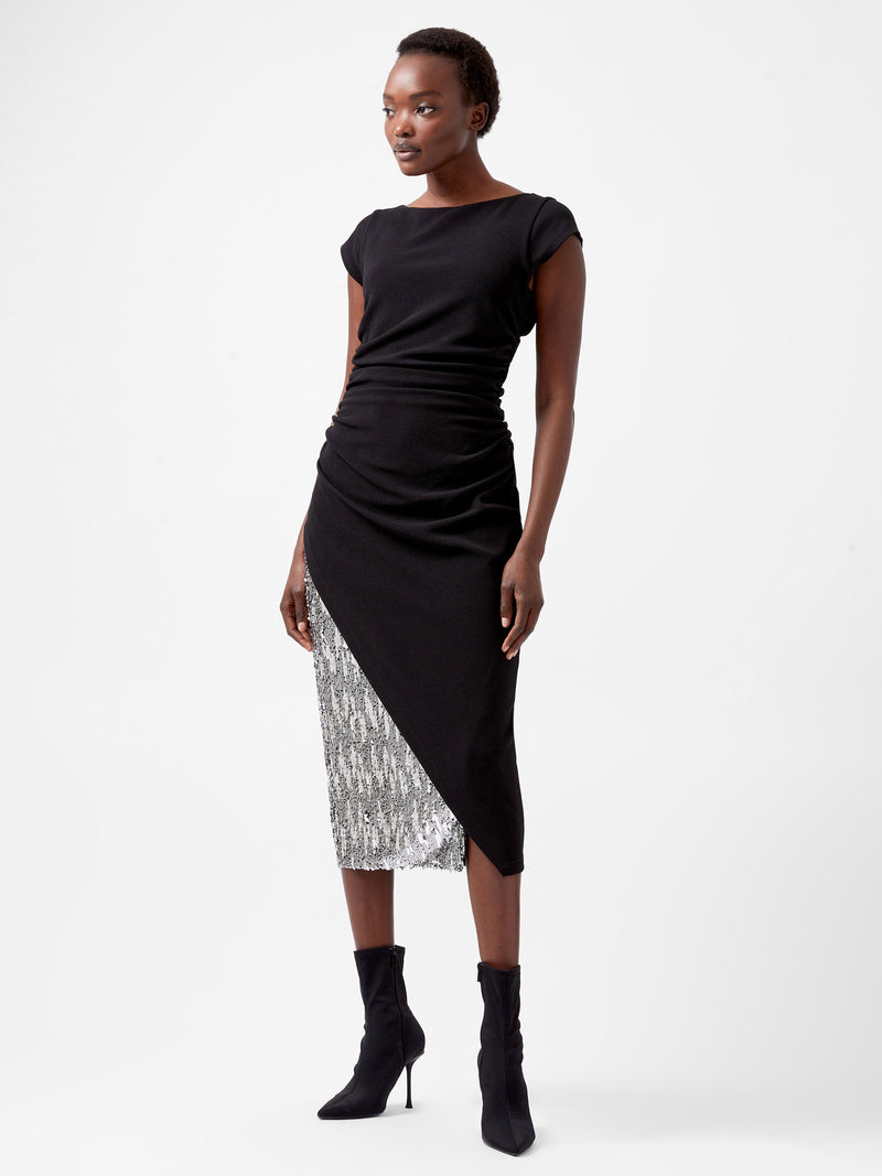 French Connection Zanna Jersey Sequin Mix Midi Dress Blackout