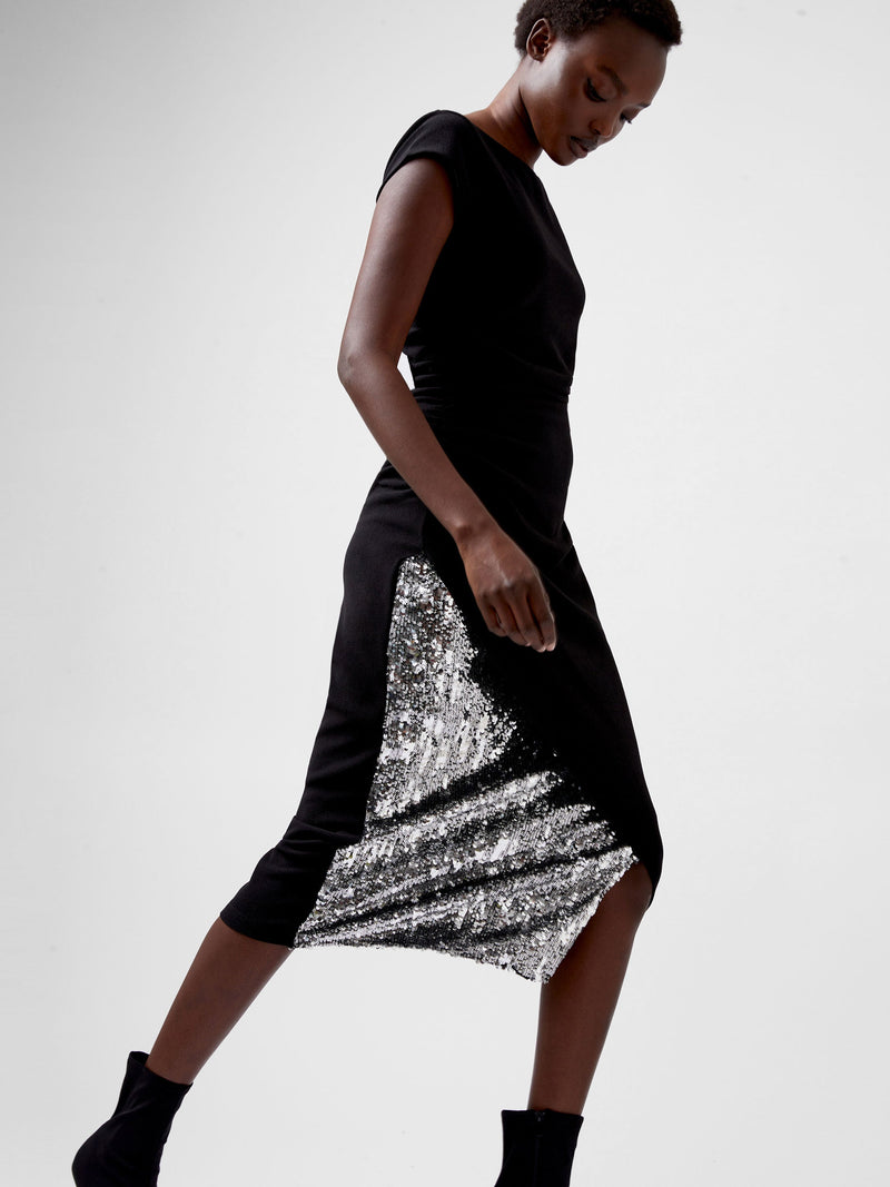 French Connection Zanna Jersey Sequin Mix Midi Dress Blackout