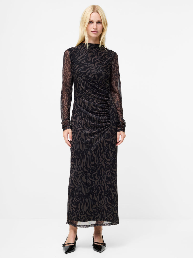 French Connection Zaria Mesh Long Sleeve Maxi Dress Khaki/Blk