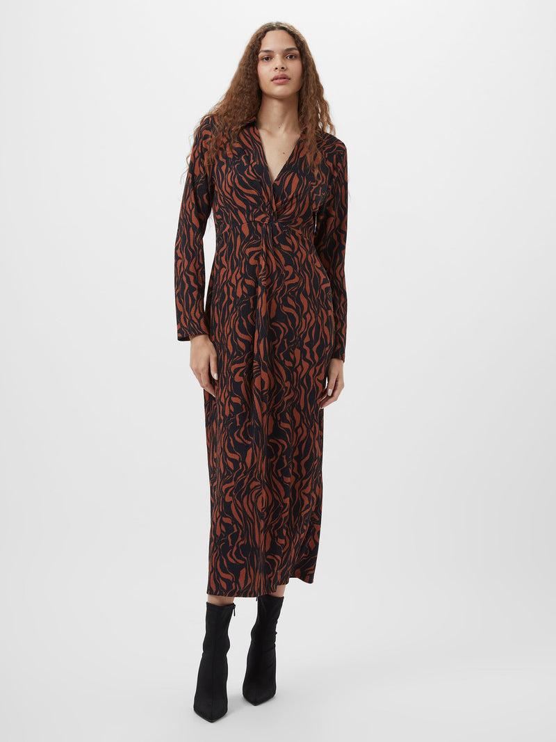 french connection Zaria Textured Abstract Print Long Sleeve Dress Black/Brown