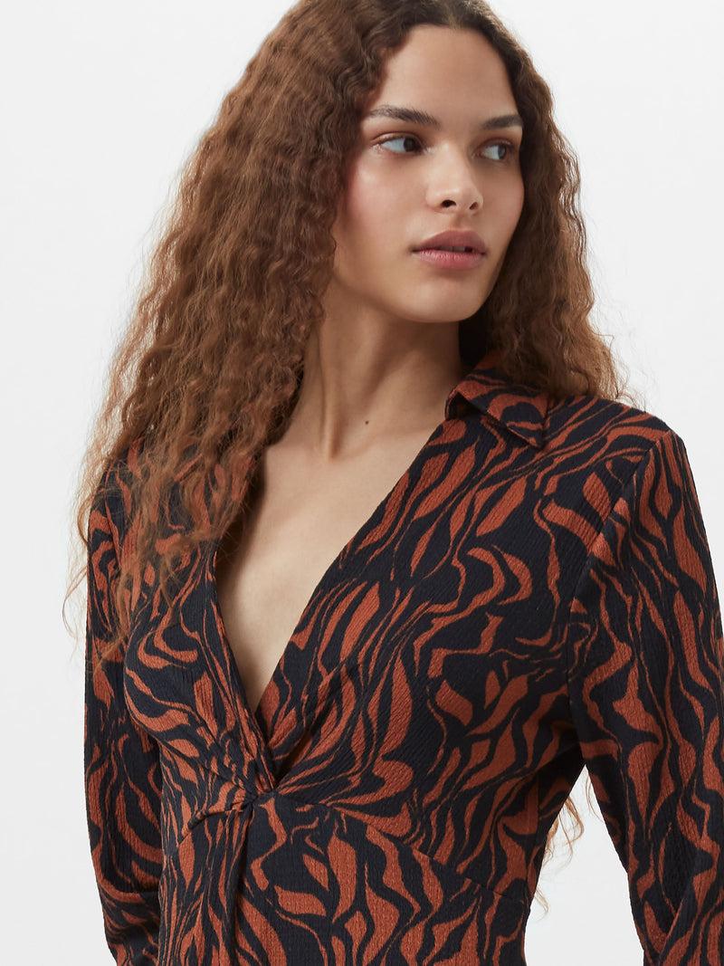 French Connection Zaria Textured Abstract Print Long Sleeve Dress Black/Brown
