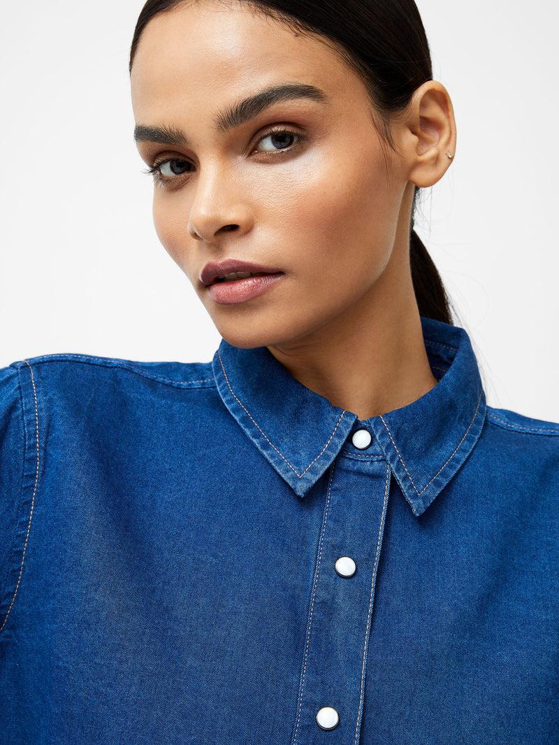 French Connection Zaves Chambray Denim Balloon Sleeve Shirt Chambray Blue