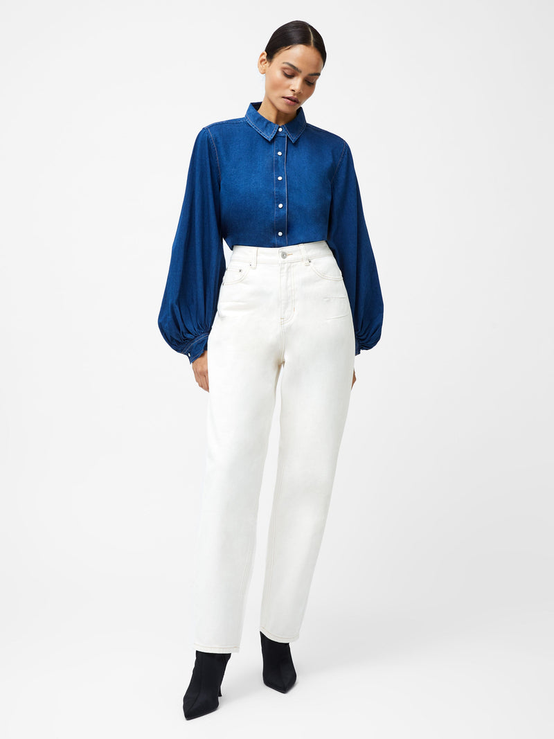 French Connection Zaves Chambray Denim Balloon Sleeve Shirt Chambray Blue
