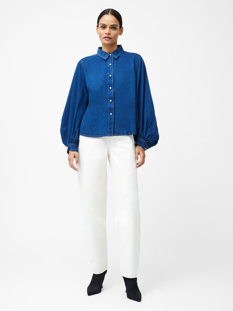 French Connection Zaves Chambray Denim Balloon Sleeve Shirt Chambray Blue