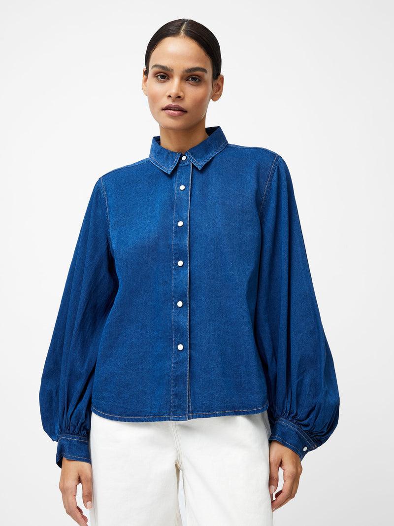 french connection Zaves Chambray Denim Balloon Sleeve Shirt Chambray Blue