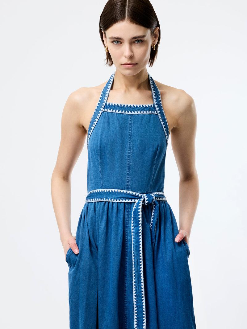 French Connection Zaves Chambray Denim Halterneck Midi Dress Vintage Blue