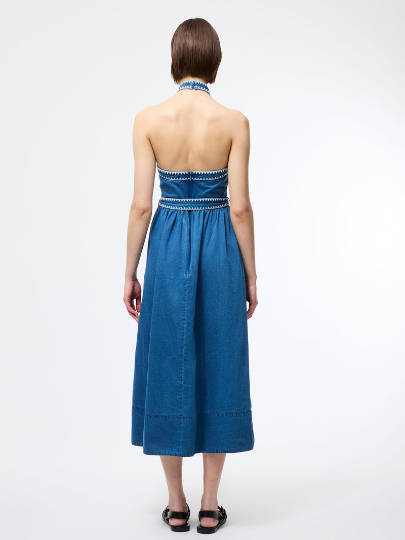 French Connection Zaves Chambray Denim Halterneck Midi Dress Vintage Blue