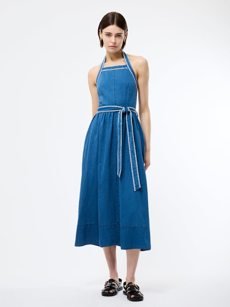 french connection Zaves Chambray Denim Halterneck Midi Dress Vintage Blue