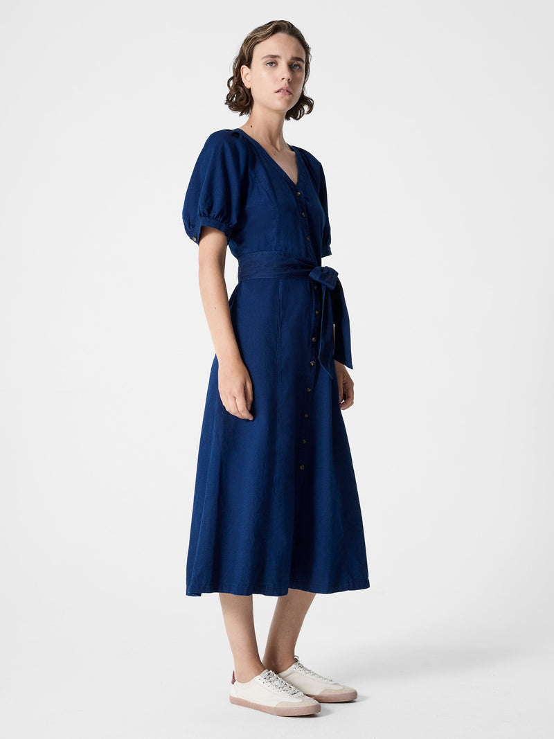 French Connection Zaves Chambray Denim V Neck Midi Dress Chambray Blue