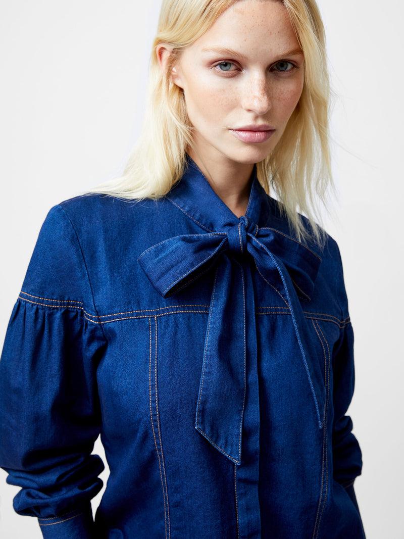 French Connection Zaves Chambray Tie Neck Button Up Shirt Clean Indigo