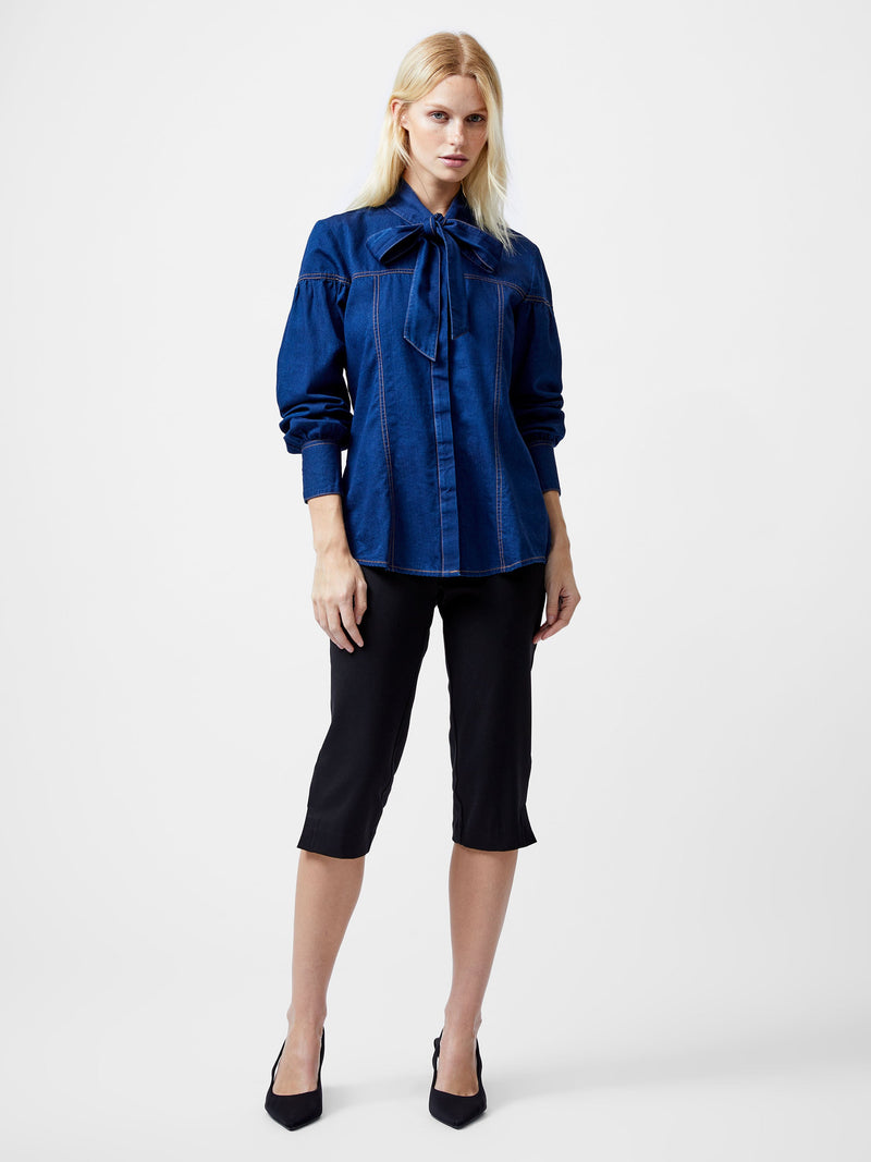 French Connection Zaves Chambray Tie Neck Button Up Shirt Clean Indigo