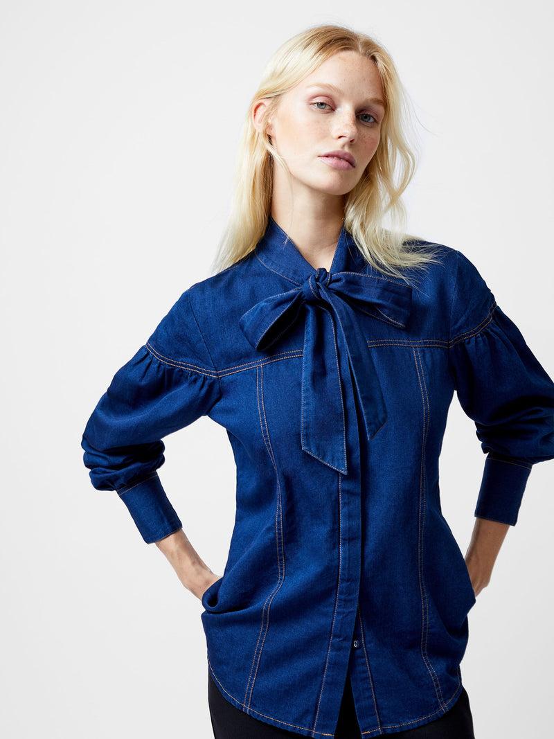 french connection Zaves Chambray Tie Neck Button Up Shirt Clean Indigo