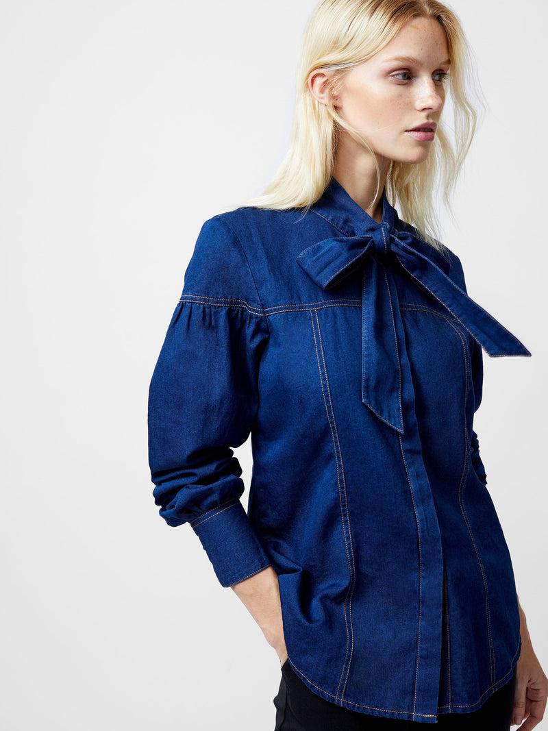 French Connection Zaves Chambray Tie Neck Button Up Shirt Clean Indigo