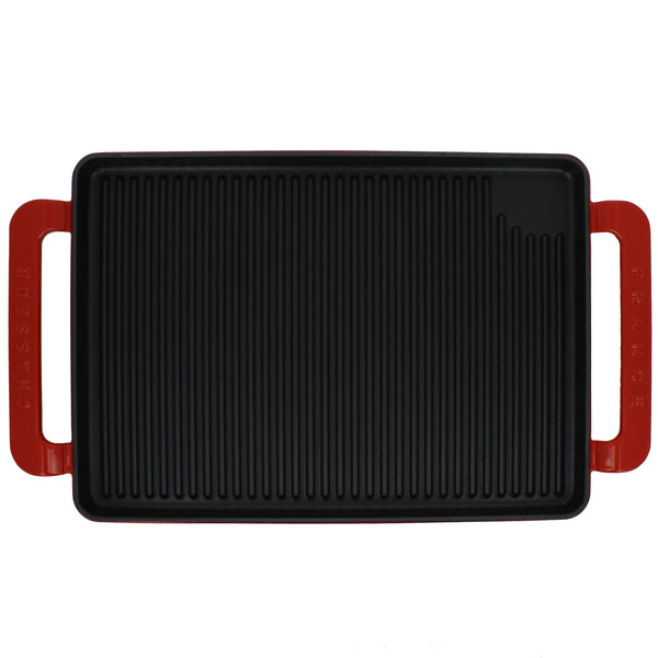 French Home Chasseur 14-inch Flame Rectangular Enameled Cast Iron Grill Pan With Handles Red Or Grey (CI_3360)