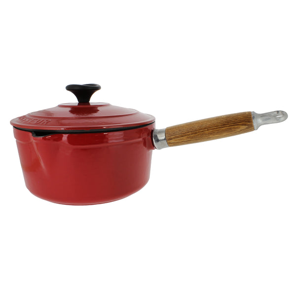 French Home Chasseur French Enameled Cast Iron Saucepan Lid & Wood Handle 1.3-quart Red