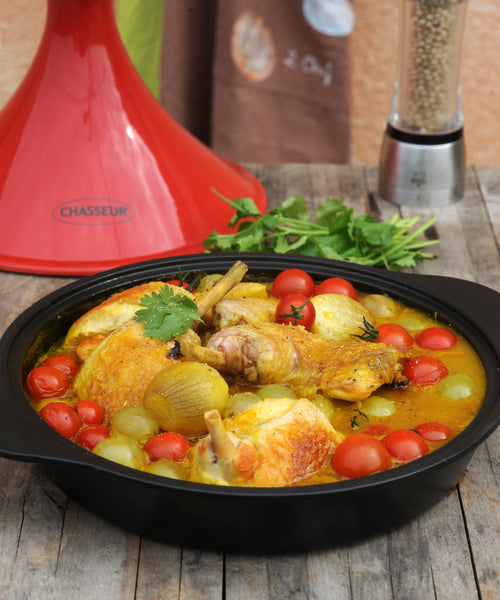 French Home Chasseur French Enameled Cast Iron Tajine With Ceramic Cone Lid 12-inch Diameter Red
