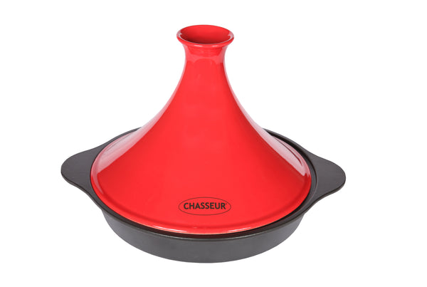 french home Chasseur French Enameled Cast Iron Tajine with Ceramic Cone Lid 12-inch Diameter Red