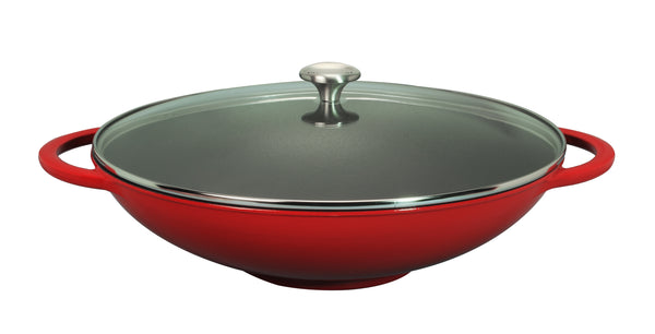 French Home Chasseur French Enameled Cast Iron Wok With Glass Lid 16-inch Diameter Red