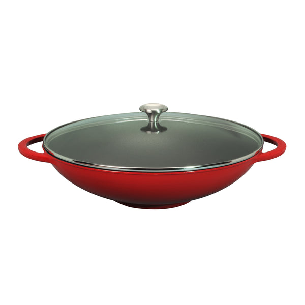 French Home Chasseur French Enameled Cast Iron Wok With Glass Lid 16-inch Diameter Red