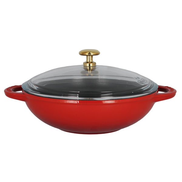 french home Chasseur French Enameled Cast Iron Wok with Glass Lid 7-inch Diameter Red