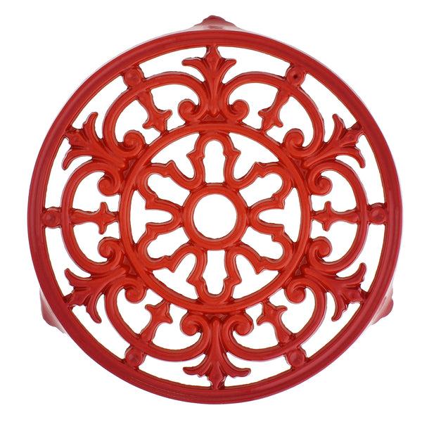french home Chasseur French Fleur De Lys Enameled Cast Iron Trivet 9-inch Diameter Red