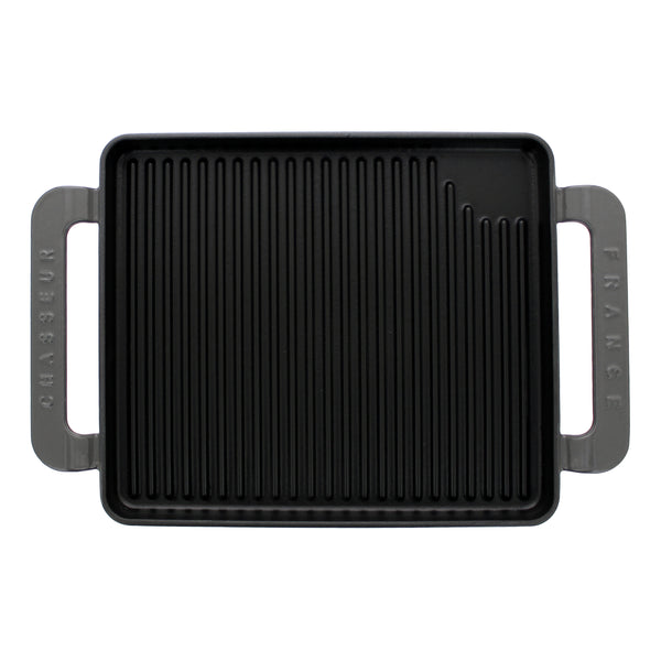 french home Chasseur French Rectangular Enameled Cast Iron Grill 10-inch Caviar Grey