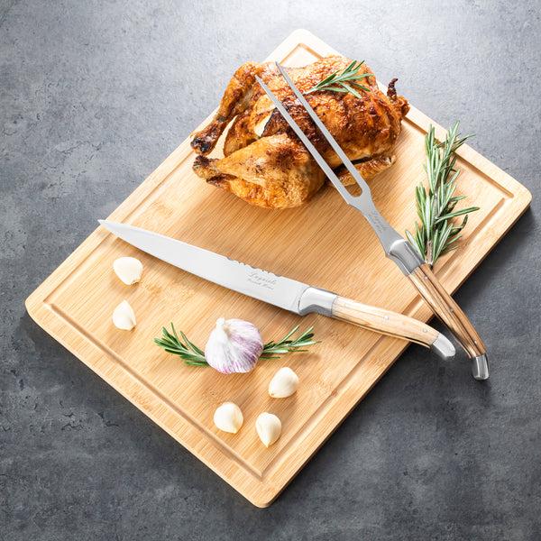 French Home French Home 2 Piece Connoisseur Laguiole Olive Wood Carving Knife And Fork And Bamboo Cutting Board With Moat