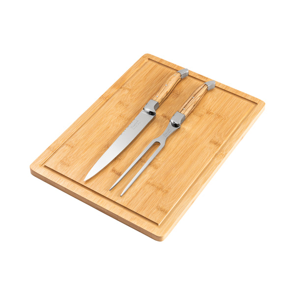 French Home French Home 2 Piece Connoisseur Laguiole Olive Wood Carving Knife And Fork And Bamboo Cutting Board With Moat
