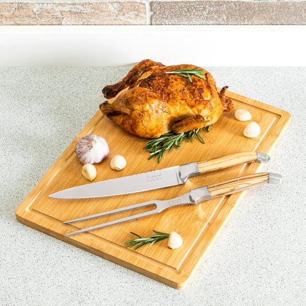 French Home French Home 2 Piece Connoisseur Laguiole Olive Wood Carving Knife And Fork And Bamboo Cutting Board With Moat