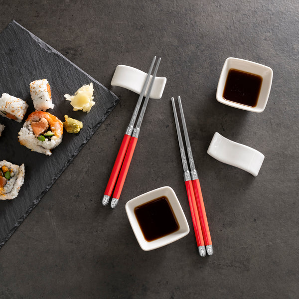 French Home French Home Chopsticks With Red Handles Ceramic Rests And Sauce Bowls Set Of 2 Pairs