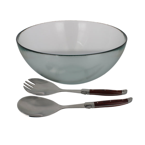 French Home French Home Clear Recycled Glass Urban Salad Bowl And Laguiole Servers With Rosewood Handles