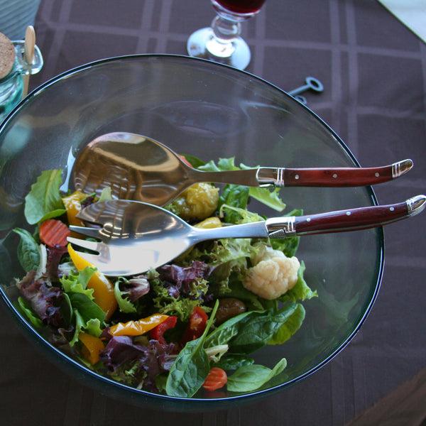 French Home French Home Clear Recycled Glass Urban Salad Bowl And Laguiole Servers With Rosewood Handles