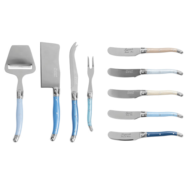 french home French Home Essential 9-Piece Laguiole Cheese Knife and Spreader Set with Shades of Blue Handles