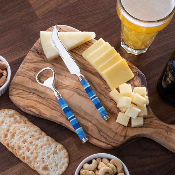 French Home French Home Jubilee Cheese Knife Bottle Opener And Olive Wood Board Set - Shades Of Denim