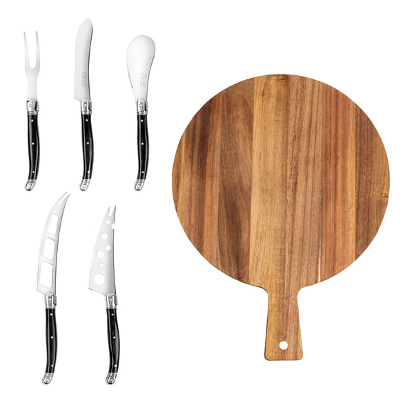 french home French Home Laguiole 6-Piece Black Pakkawood Artisan Cheese Knife Set and Round Wood Board