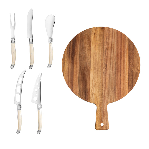 french home French Home Laguiole 6-Piece Ivory Artisan Cheese Knife Set and Round Wood Board