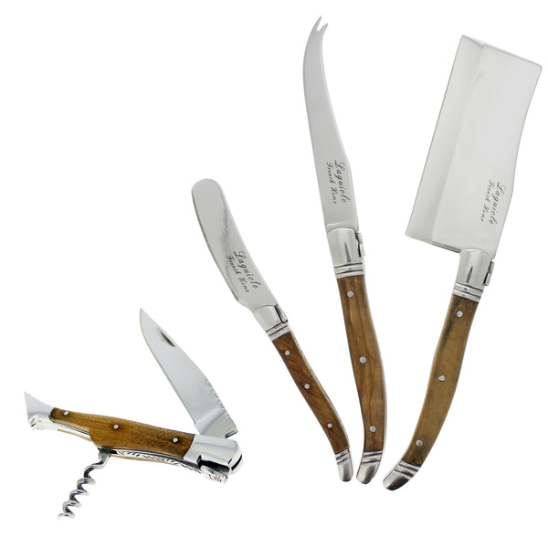 french home French Home Laguiole Connoisseur Olive Wood Cheese Knife and Wine Opener Set 4 Piece