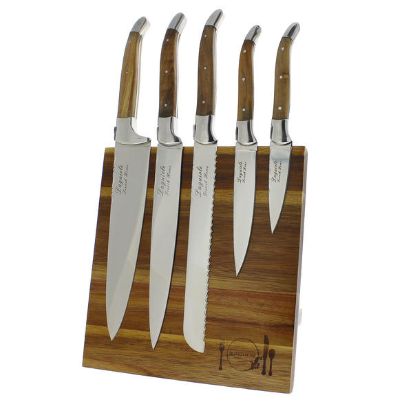 French Home French Home Laguiole Connoisseur Olivewood 5 Piece Kitchen Knife Set Plus Magnetic Display