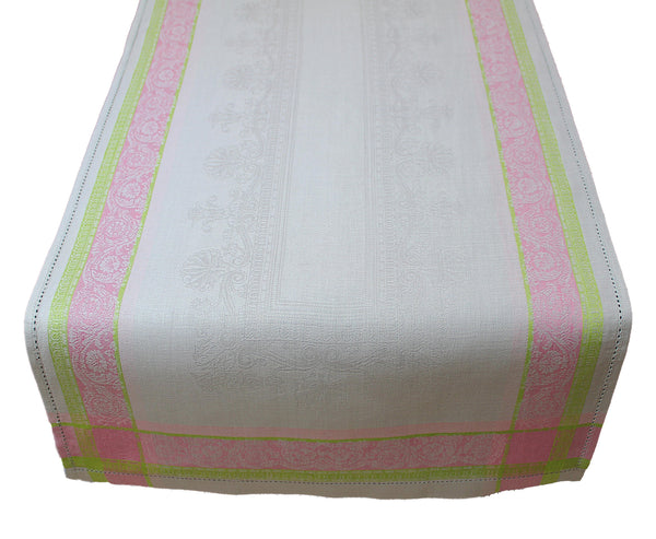 French Home French Home Linen 20" X 68" Cleopatra Table Runner - Chartreuse Rose And Pale Lavender
